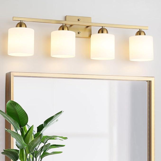 Stainless Steel Milk Glass Vanity Lights for Bathroom, 4 Light Gold Bathroom Light Fixtures Over Mirror, Ceramic E26 Sockets Wall Mounted Stainless Steel Milk Glass Vanity Lights for Bathroom, 4 Light Gold Bathroom Light Fixtures Over Mirror, Ceramic E26 Sockets Wall Mounted