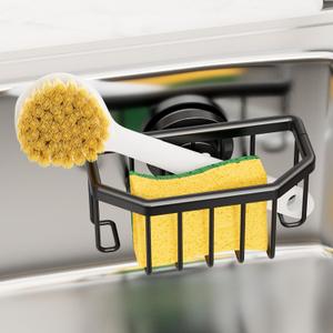 TAILI Sponge Holder with Strong Suction Cup, Dish Sponge Caddy Inside Sink Removable, Rustproof Aluminum for Sponges, Brushes, Stoppers and Scrapers - Black (6.1" x 3.5")