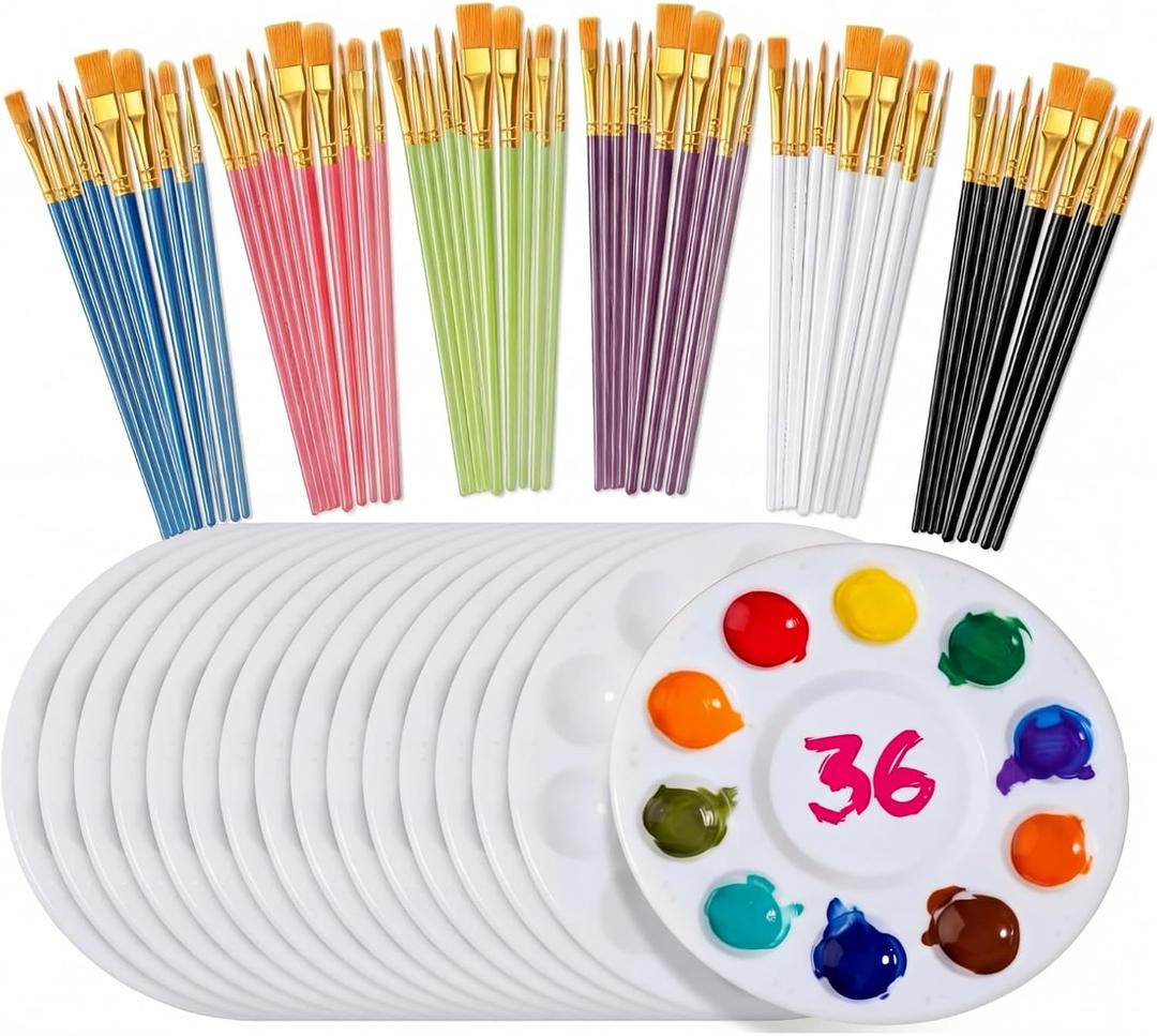 Lerheedi 36 Sets Painting Brush Palette Set, Acrylic Paint Brush and Paint Palette Tray, Nylon Head for Oil, Watercolor, Acrylic Painting, Rock Body Face Art, Party, Adult, Students (Colorful), Varying sizes