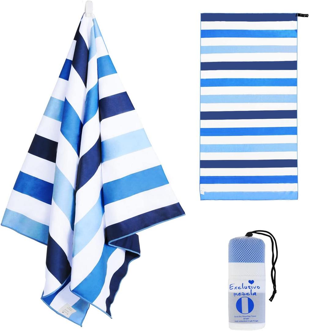 Exclusivo Mezcla Large Quick Dry Beach Towel, Microfiber Sand Free Cabana Stripe Pool Bath Swim Towel with Bag, Lightweight and Thin (Blue, 30x60 Inches)