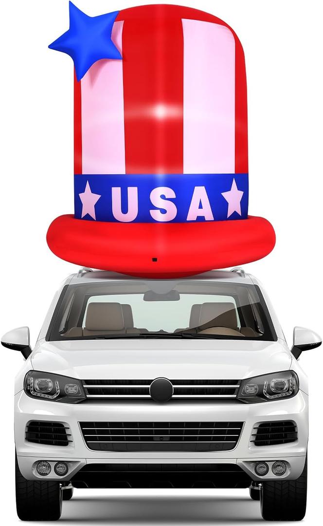 Gejoy 4ft 4th of July Inflatables Hat Parade Golf Cart Decoration with Light Patriotic Independence Day Star Spangled Top Hat Blow up Car Roof Decor Outdoor Indoor Home Celebration Garden Yard Lwan