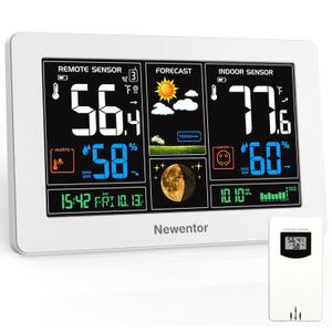 Newentor Weather Station Wireless Indoor Outdoor Thermometer, Color Display Digital Weather Thermometer with Atomic Clock, Barometric Pressure, Forecast Station with Adjustable Backlight, White (Off-White with 1 Sensor)