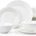 KINGSTONE 24Pcs Vintage Relief White Bone China Set, Service for 8