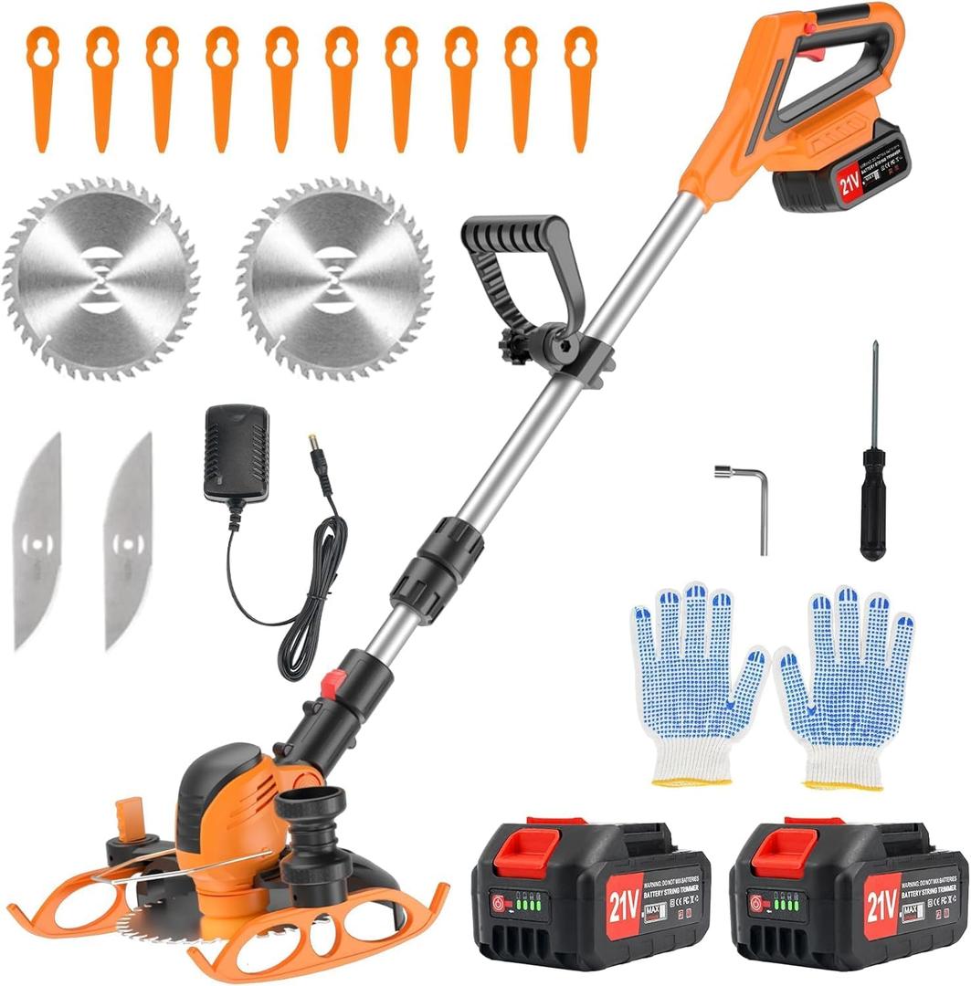 Electric Weed Wacker Cordless, 21V Weed Eater Battery Powered with 2X 2.0 Ah Battery, 2 in 1 Lawn Edger, String Trimmer for Yard Garden Lawn Bush Trimming