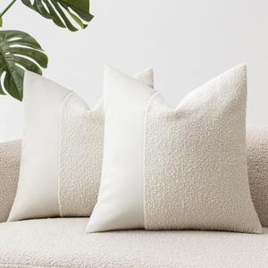 Set of 2 Fluffy Boucle Pillow Covers 18"x18", White Textured Throw Pillow Covers with Faux Leather Accents, Boho Decorative Pillow Cases for Couch, Bed, or Farmhouse Home Decor