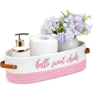 Hello Sweet Cheeks Bathroom Decoration Pink and White Cotton Rope Toilet Basket Toilet Paper Holder Basket Rustic Bathroom Organizer Farmhouse Home Decoration Organizing Small Baskets
