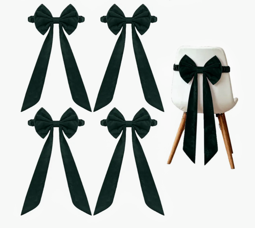 Janinka Set of 4 Christmas Velvet Chair Sashes Bows Covers Large Green Bows Seat Covers Xmas Chairs Decoration for Chair Living Room Kitchen Holiday Party Decorations(15.7 x 23.6 Inch)