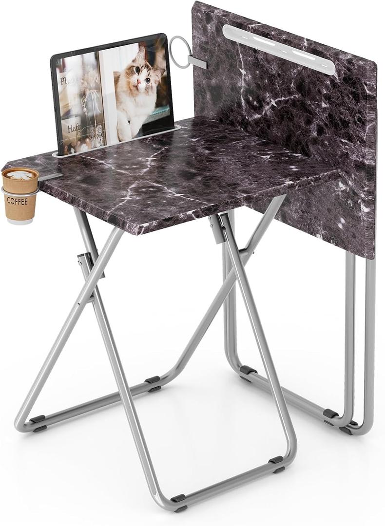 Folding TV Tray Table with Cup Holder, TV Dinner Table with Sturdy MDF Top, Eating Trays with Tablet Slot for Living Room, Bedroom, Sofa, 15 x 18.9 x 25.6 in (Black Marble, 2Pcs)
