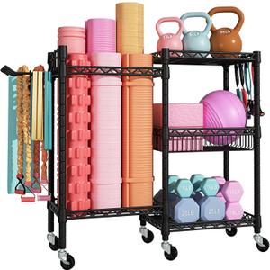 FUTASSI Home Gym Storage, 3 Tiers Workout Equipment Organizer with Wheels for Yoga Mats, Foam Roller, Dumbbells, Kettlebells, and Resistance Bands (Double-Row, Black)