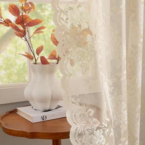 Beige Lace Curtains 84 inches Long Victorian Peony Flower Sheer Curtain Panels for Living Room Bedroom Light Filtering Retro Shabby Chic Crochet Drapes Cottage Core Decor Pair W52 X L84 Light Beige