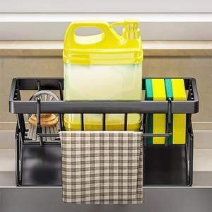 Sink Sponge Rack With Auto Drain Caddy, Rust Resistant Organizer, Ballerina Countertop Organizer - Create a Tidy Kitchen, Black
