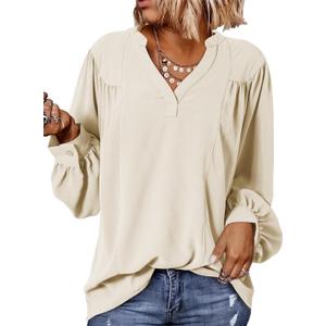 Dokotoo Womens Blouses Tops for Women Trendy V Neck Smocked Blouses for Women Dressy Casual Long Sleeve Shirts for Women (XX-Large, White)
