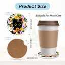 2 x Flower Cute Black Cat Car Coasters for Cup Holders,2 Pack Car Cup Holder Coasters for Car,Ceramic Absorbent Car Coaster with A Finger Notch and Cork Base,Car Interior Accessories for Women Men