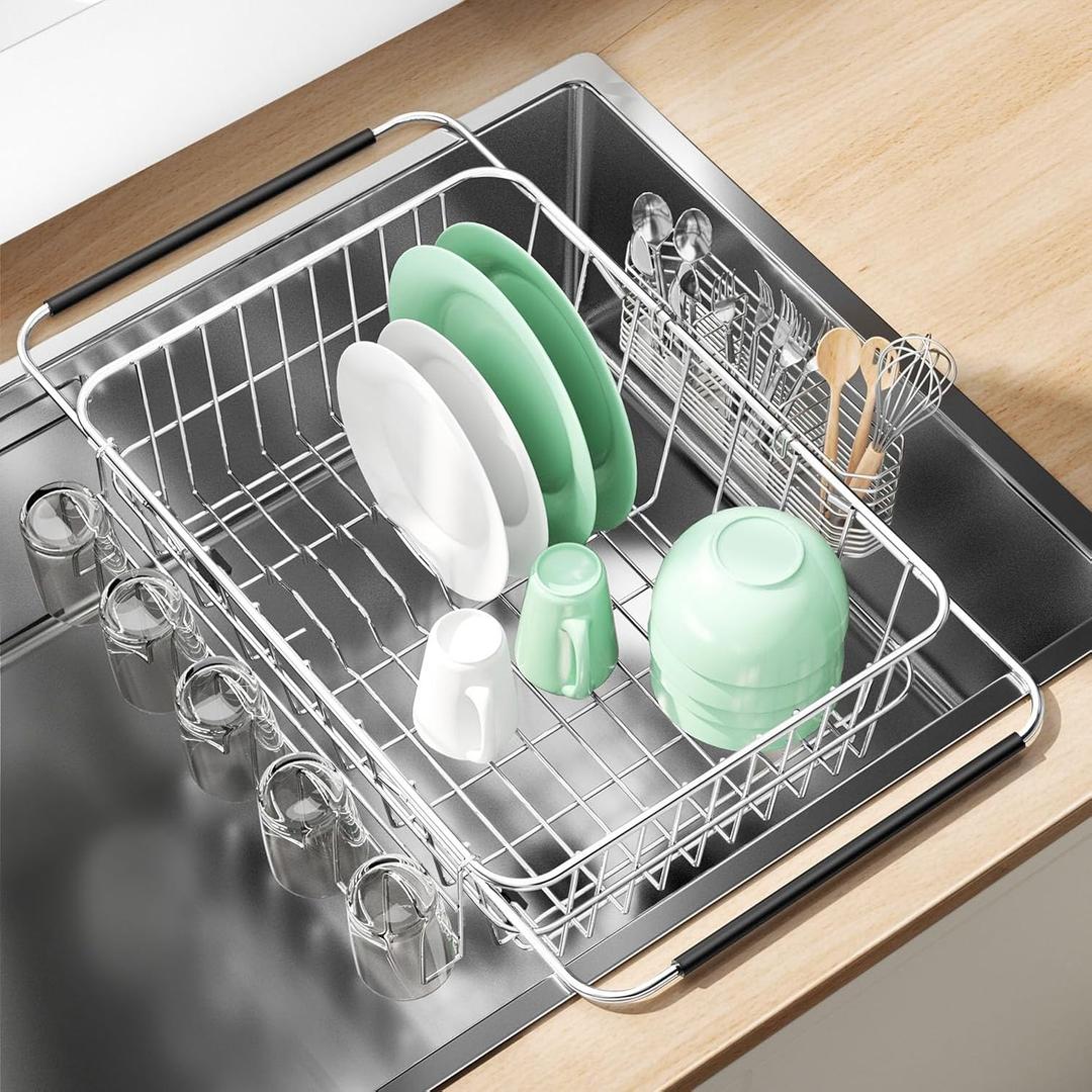 Dish Drying Rack in Sink, Extendable Stainless Steel Dish Drainers for Kitchen Counter, Anti-Rust Dish Dryer Rack with Utensil & Cup Holders, for Inside Sink, Over The Sink (Medium With Cup Holder15.28*11.14*5.16 Inches)