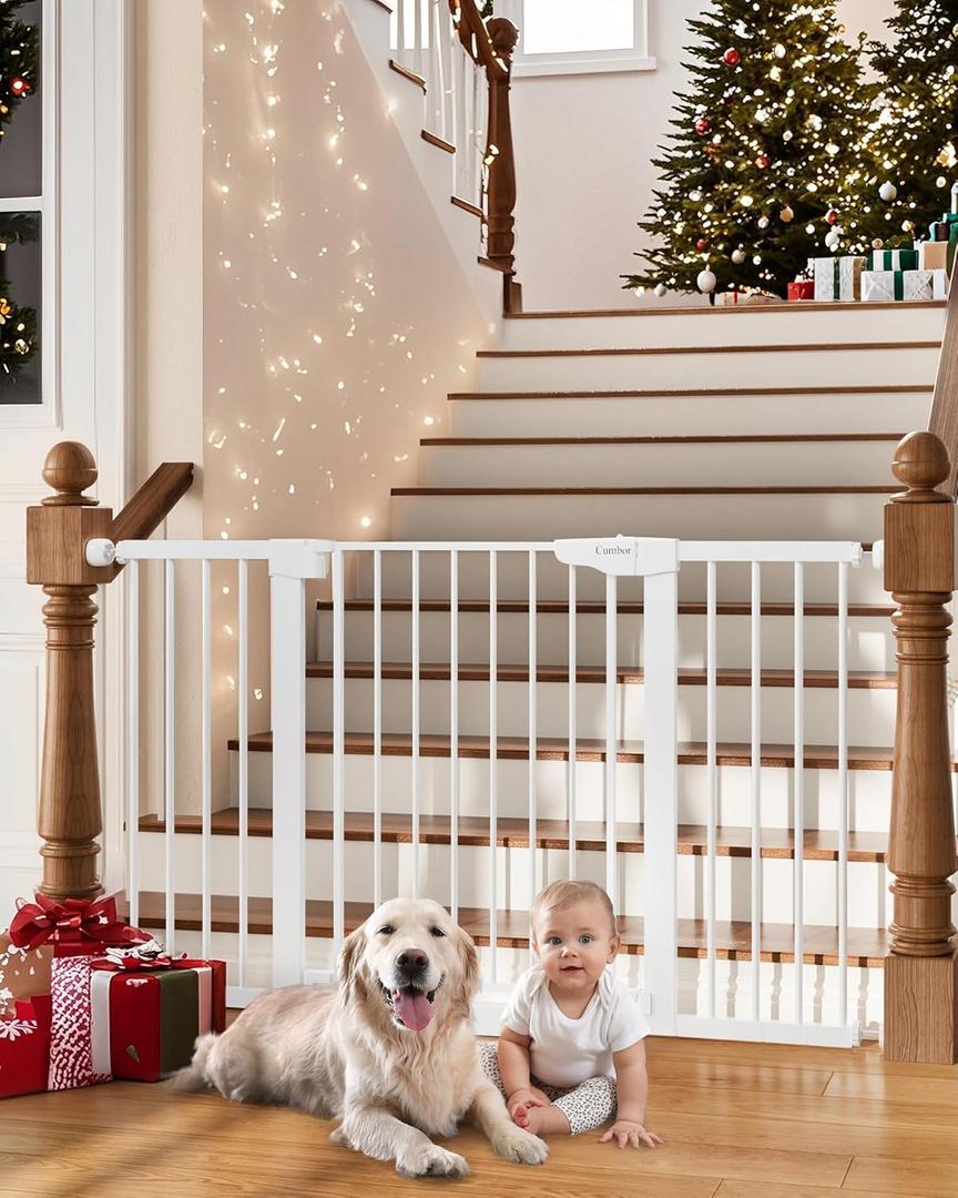 Cumbor 29.7-54.2" Wide Baby Gate for Stairs, Mom's Choice Awards Winner-Self Closing Dog Gate Indoor for Doorways, No Drilling Pressure Mounted Pet Gates for Kids, Easy Walk Through Safety Gate, White