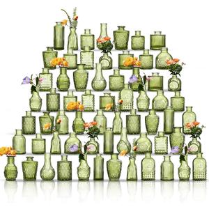 Glass Bud Vases Set of 64 - Green Assorted Small Mini Glass Vases for Flowers, Crystal Vintage Vase Set, Bulk Centerpieces for Table Dcor, Wedding, Home and Events (Green, 64 Pcs)