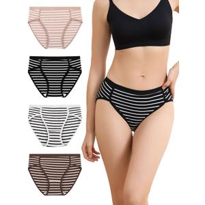 Women Cotton Cheeky Underwear - French High Cut Striped Panties (S)