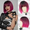 7JHH WIGS Short Straight Wig with Bangs 12in Short Hot Pink Bob Wig Synthetic Natural Hair Heat Resistant 150% Density Staight Layered Wig for Women Daily Used,Hot Pink Wig