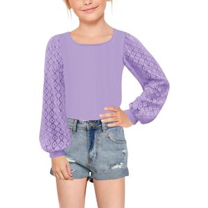 Geckatte Girls Long Sleeve T-Shirts Lace Crewneck Casual Plain Stretchy Ribbed Knit Blouses Tops 5-14 Years