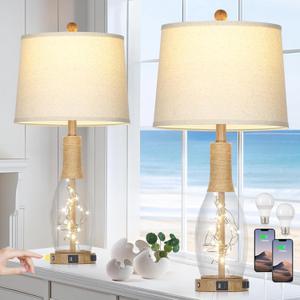 28" Coastal Table Lamps for Bedroom Set of 2, Farmhouse Glass Lamps with 3-Way Dimmable Touch Control Fairy Lights & Type-C Charging for Living Room Nightstand, Beach Nautical Bedside Lamp Rustic Wood