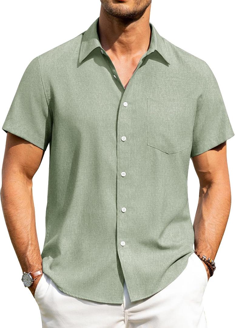 Alimens & Gentle Mens Linen Shirts Short Sleeve Button Down Shirts Wrinkle Free Casual Vacation Beach Summer Tops (Green, XL)