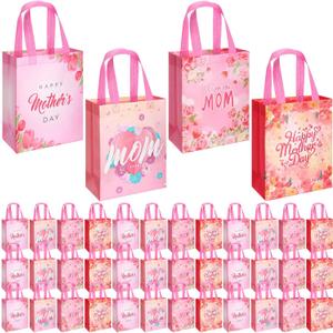48 Pcs Mother's Day Gift Bags Bulk with Handle Reusable Floral Non Woven Love Mom Treat Goodie Bags Gift Wrap for Mom Grandma Happy Mother's Day Party Favor Supplies