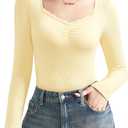 SUUKSESS Women Sweetheart V Neck Long Sleeve Tops Lace Trim Ribbed Modal Fall Going Out Shirts (Yellow, S)