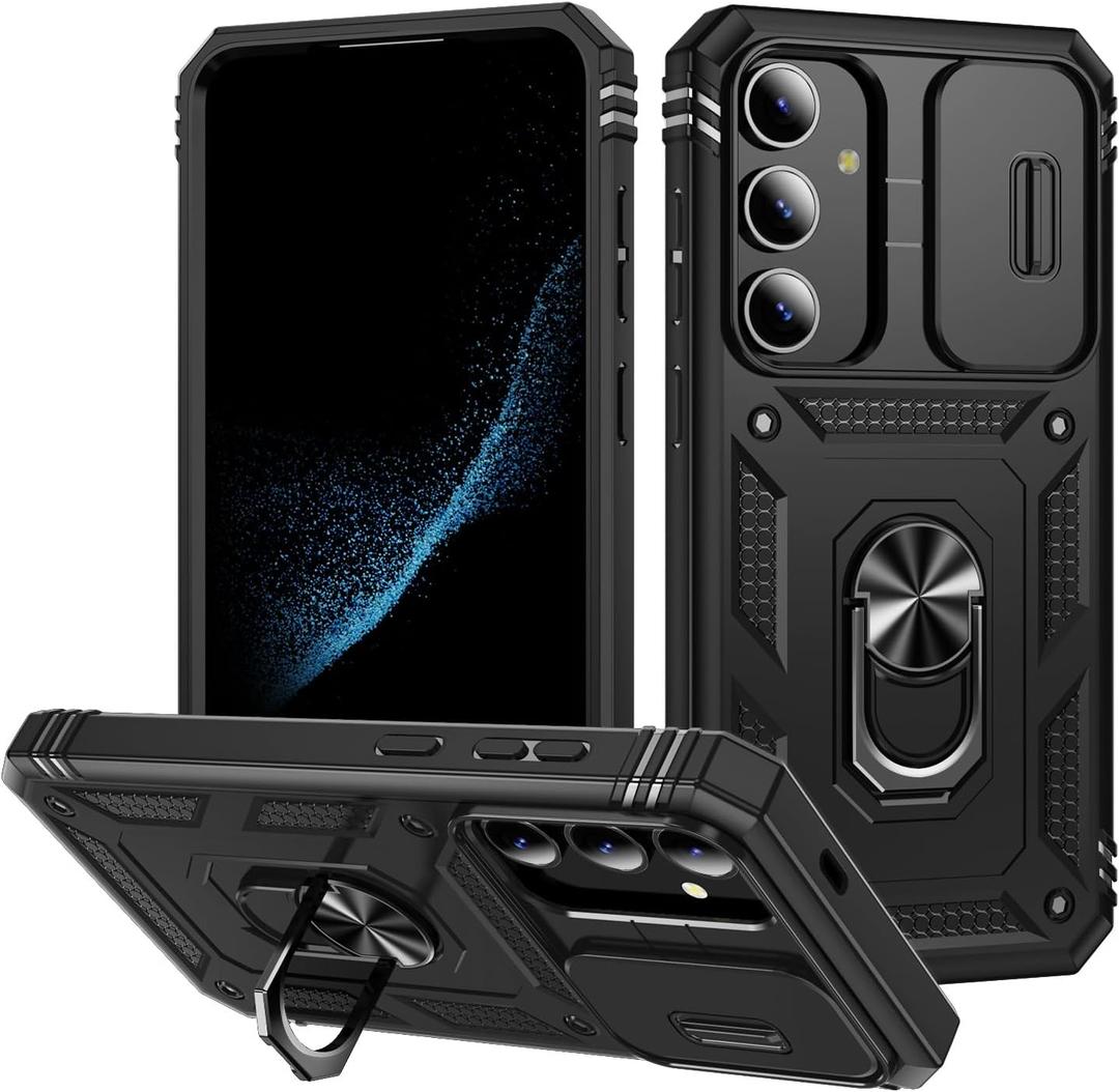 for Samsung Galaxy S24 Case Military Grade Drop Shock Protection Cell Phone Cover with Slide Camera Cover Built-in 360 Rotate Ring Stand for S24 6.2 - Black