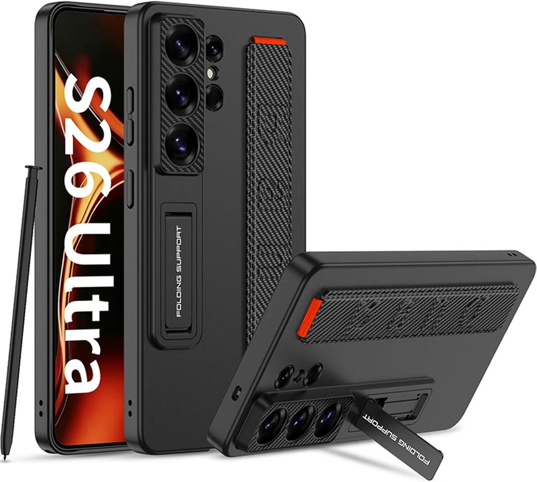 for Samsung Galaxy S26 Ultra Case with Elastic Hand Strap and Adjustable Kickstand, Ultra Thin Anti-Slip Wristband Stand Shockproof Full Protective Cover for Samsung S26 Ultra (Black)