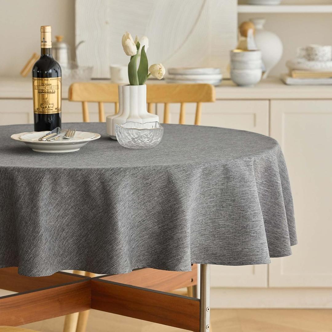 Decorelia Waterproof Faux Linen Tablecloth 60 Inch, Decorative Fabric Anti-Scratch Table Cloth Cover for Dining Table & Kitchen (Round (2-4 Seats), Dark Grey)
