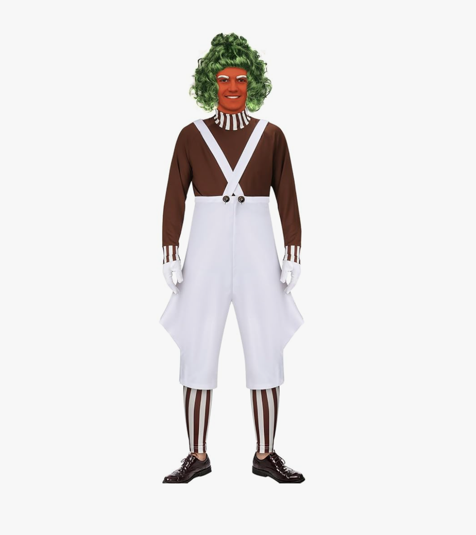 Mens Candy Chocolate Factory Worker Costume Shirt Jumpsuit Outfit with Gloves Leggings Adult Halloween Cosplay Props L