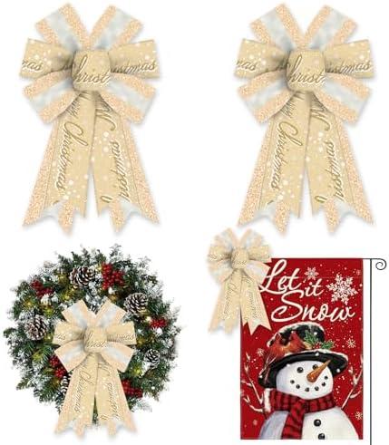 ALIBBON 2 Pcs Merry Christmas Bows for Wreaths, Christmas Wreath Bows, Glitter Gold Bows, Snowflake Bows for Front Door, Christmas Decor, Holiday Craft Bows for Indoor Outdoor Wall Window Decoration