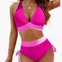 Blooming Jelly Women High Waisted Bikini Sets Tummy Control Swimsuits Color Block Two Piece Drawstring Bathing Suit XL