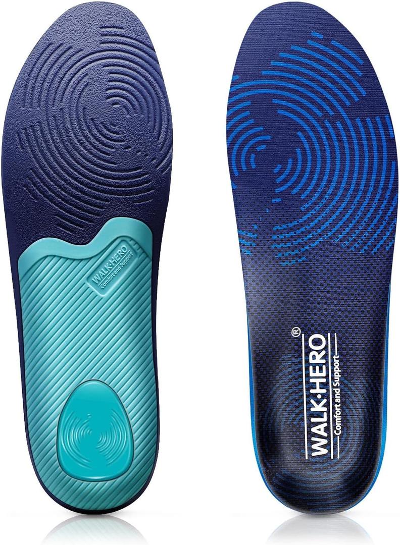 WalkHero Plantar Fasciitis Insoles - Medium Arch Support Inserts for Men & Women with Comfort Cushion | Orthotic Inserts to Relieve Foot Pain and Provide Shock Absorption (Blue) Mens 15-15 1/2