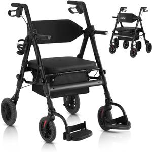 Walkers for Seniors,Rollator Walker with Seat,Walker Wheelchair Combo,2 in 1 Rollator Transport Chair with Brakes, Heavy Duty Rolling Walker,Holds up to 450 pounds,10" Big Wheels for All Terrain,Black