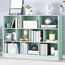 IOTXY Open Shelf Low Bookcase - Wooden 3-Tier Floor Standing Display Cabinet Organizer with Base, 10 Cubes Short Horizontal Bookshelf in Tiffany-Green