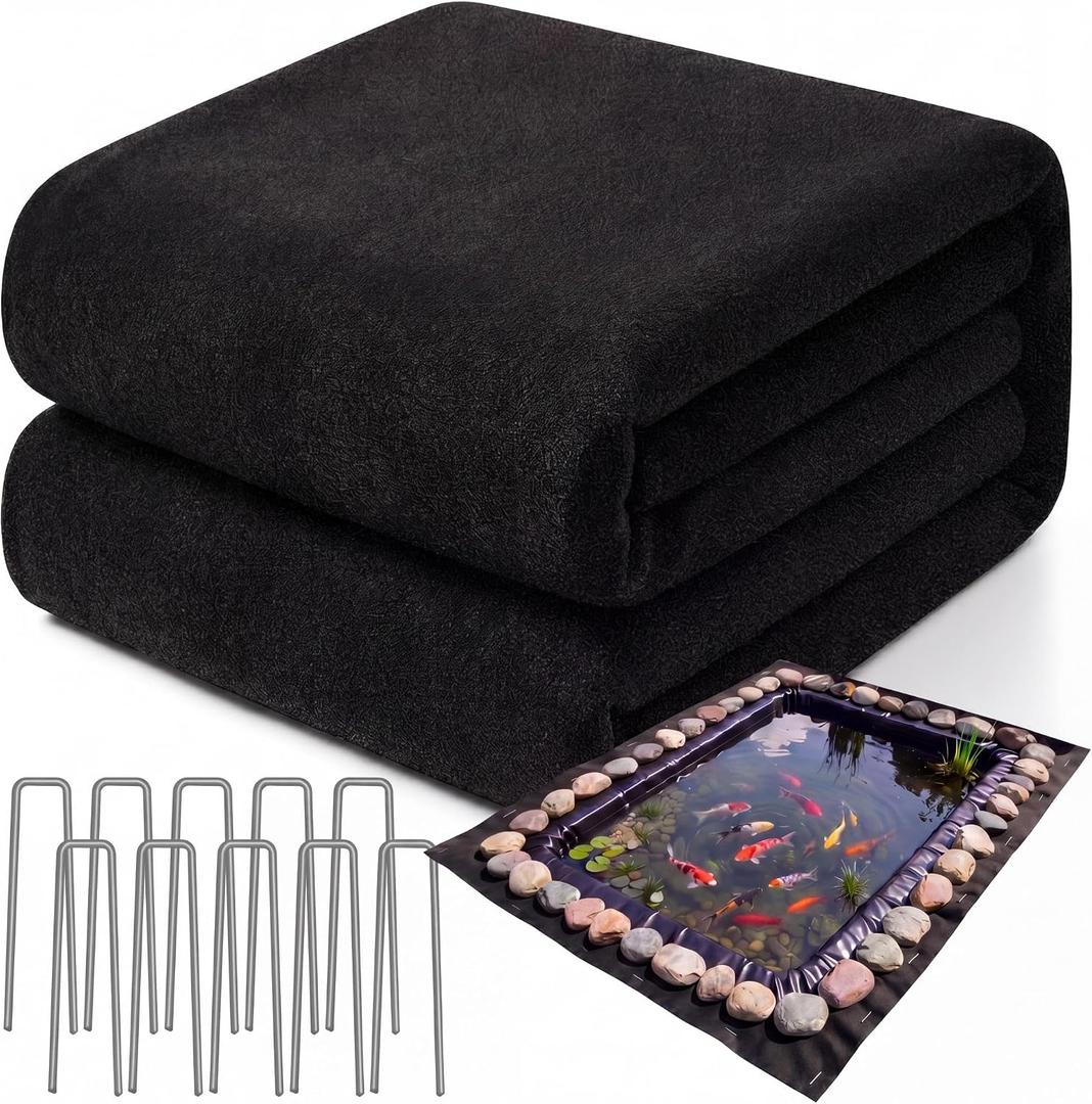 Fanfanwin 15 x 25 ft ft Pond Liner Underlayment 6oz Heavy Duty Black Non Woven Geotextile Underlayment Fabric with 10 U-pins for Outdoor Pond Streams Fountains Garden Waterfalls Fishpond Weed Barrier