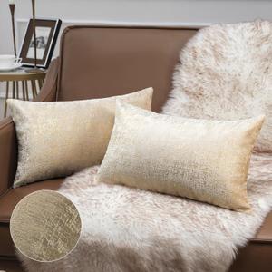 Phantoscope Pack of 2 Sparkling Velvet Decorative Solid Throw Decorative Pillow Cover Soft Gold Glitter Square Cushion Cover Pillowcase for Couch Bed and Chair, Beige, 12 x 20 inches, 30 x 50 cm