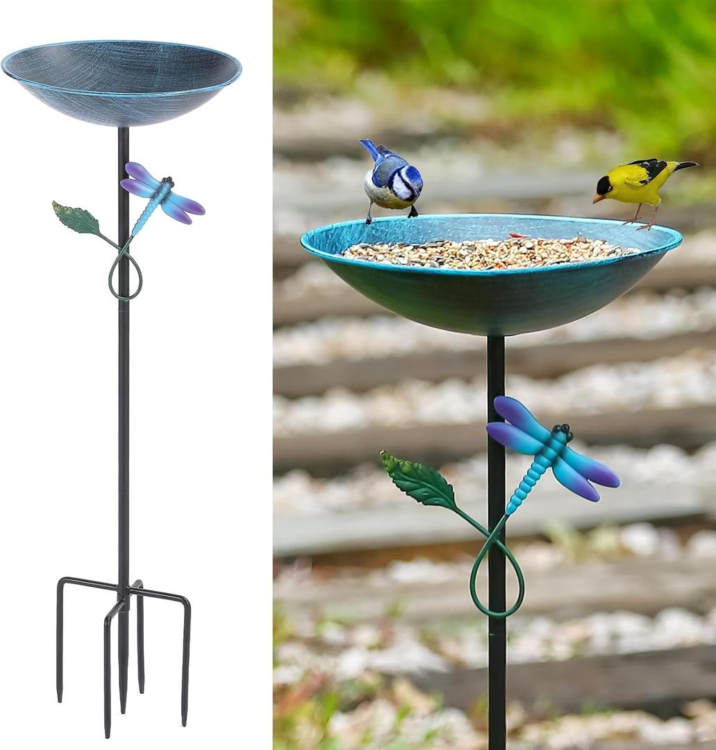 31.9H Bird Bath and Feeder for Outdoors, Metal Birdbaths with Stake, Stand with 5-Prong Base for Outdoors Garden Patio Yard Lawn