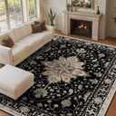 Area Rugs 9'x12' Washable Non-Slip, Floral Vintage Distress Print Pattern Medallion Carpet for Living Room Bedroom Dining Room, Black Brown Neutral Dark Tan