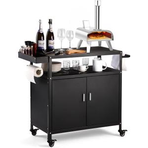 Outdoor Grill Cart with Storage Cabinet, Pizza Oven Stand Table with Wheels for Outside, Patio, Kitchen, Movable Outdoor Food Prep Table for Grill, BBQ
