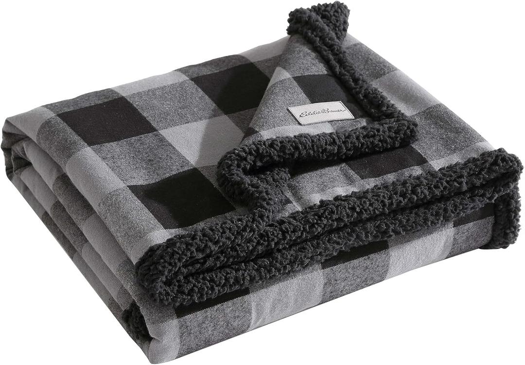 Eddie Bauer - Throw Blanket, Yarn Dyed Cotton Bedding with Solid Ultra-Soft Sherpa Reverse, Throw Blanket for Couch & Bed (Cabin Plaid Grey, 50" x 60")