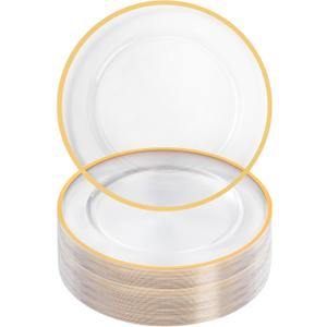 Goodluck 12 Inch Charger Plates, 50 Pack Clear Charger Plates with Gold Trim, Plastic Charger Plate Bulk for Dinner, Wedding, Party, Event Decoration, Clear&Gold