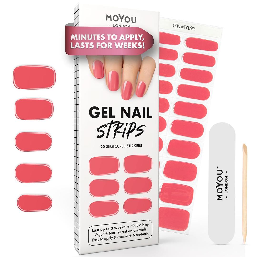 MOYOU LONDON Semi Cured Gel Nail Strips - 20 Pcs. Waterproof Gel Nail Wraps, Cures in Sunlight or UV/LED Lamp, Lasts Up to 2+ Weeks, Stretchable, Easy to Apply & Remove, Vegan & Cruelty-Free