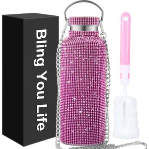 Bling Water Bottle Rhinestone,Diamond Cup,Glitter Stainless Steel Thermal Bottle with 55In Chain,Sparkly Gifts for Girls Women,Rhinestone Tumbler for Anniversary,Birthday(Pink)