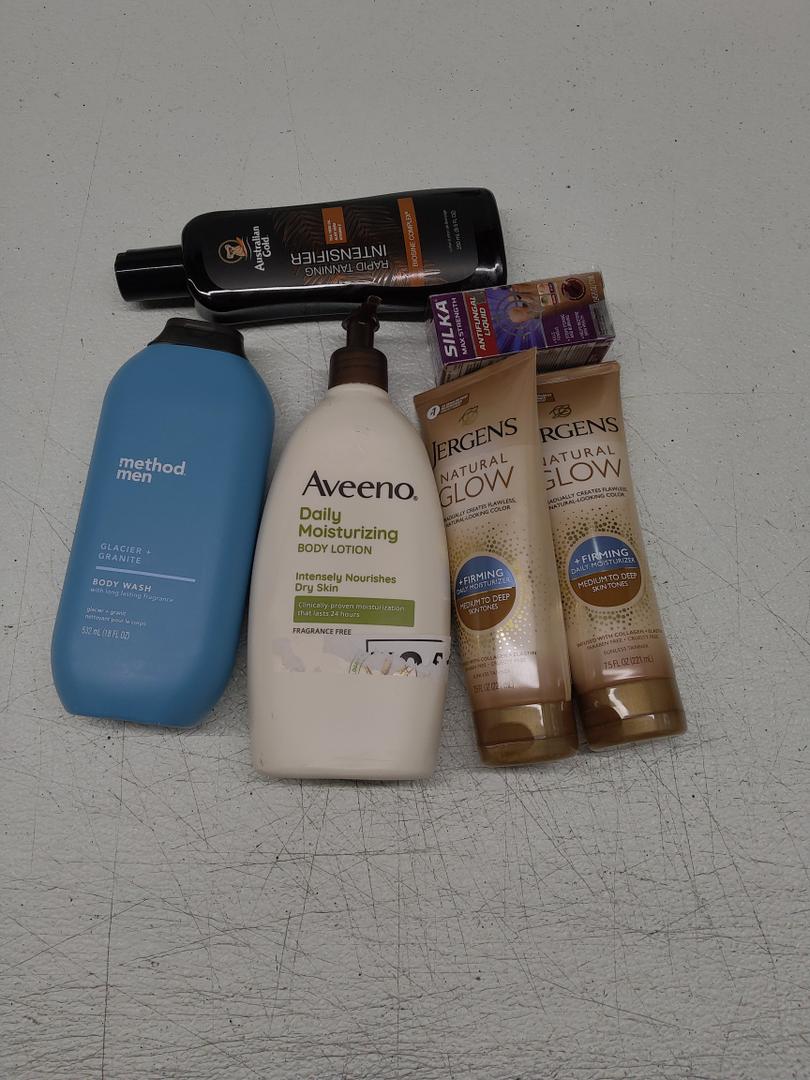 Jergens Natural Glow +Firming Self Tanner Body Lotion 7.5 Oz, Pack of 2, Aveeno Daily Moisturizing BODY LOTION 1 Pack, 12 Oz, method men GLACIER GRANITE BODY WASH, 18 Oz, 1 Pack, Australian Gold RAPID TANNING INTENSIFIER TEA TREE OIL ALOE VERA VITAMIN E, 8.5 Oz, 1 Pack (5 Pack)