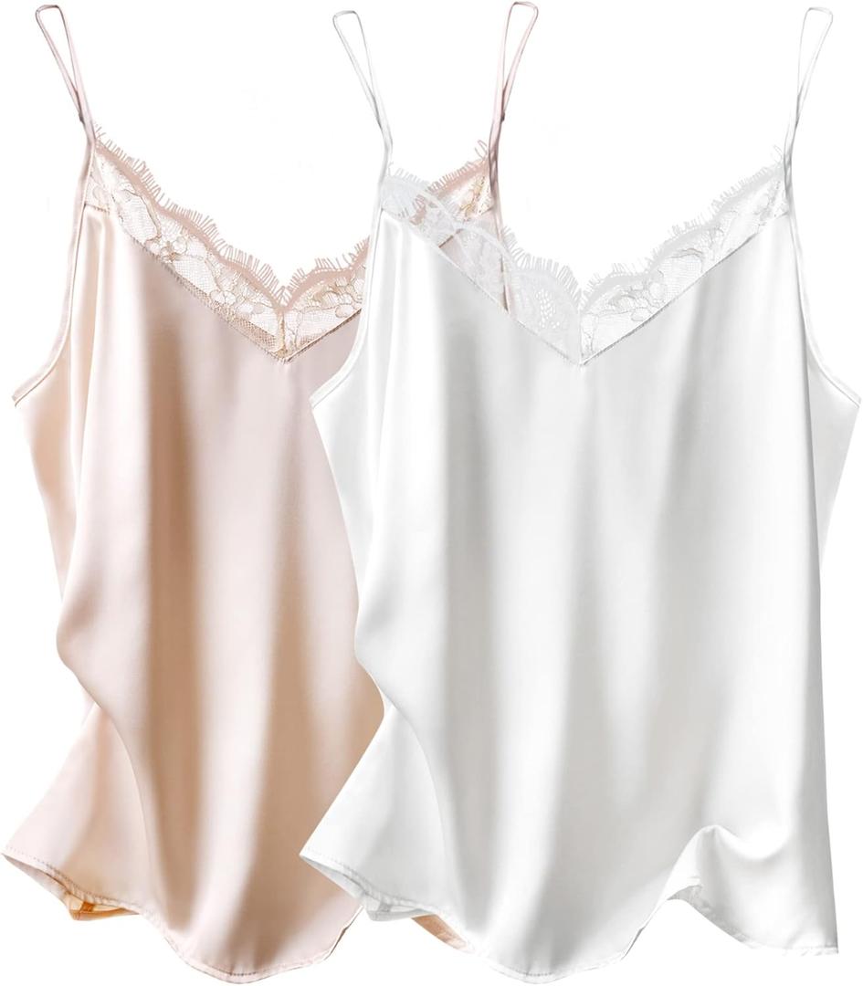 Ekouaer Women's 2 PCS Cami Top Satin Tank Top Adjustable Spaghetti Strap Camisole (Medium, White & Champagne)