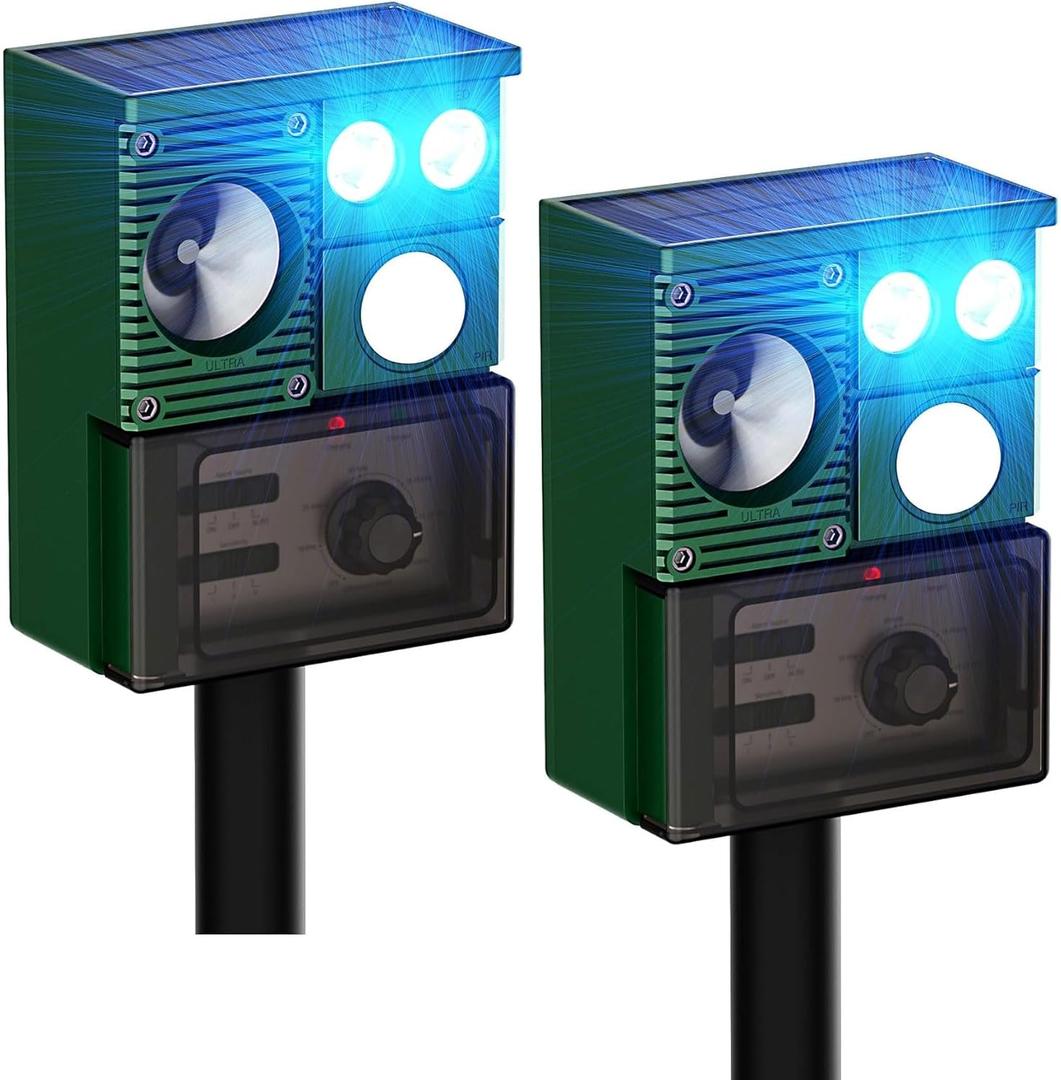 2 Packs Ultrasonic Solar Powered Animal Repeller, Cat Repellent Outdoor with USB Recharging, Waterproof Ultrasonic Deer Repellent Motion Activated Repel Dog, Squirrel, Deer, Raccoon, Skunk, Rabbit