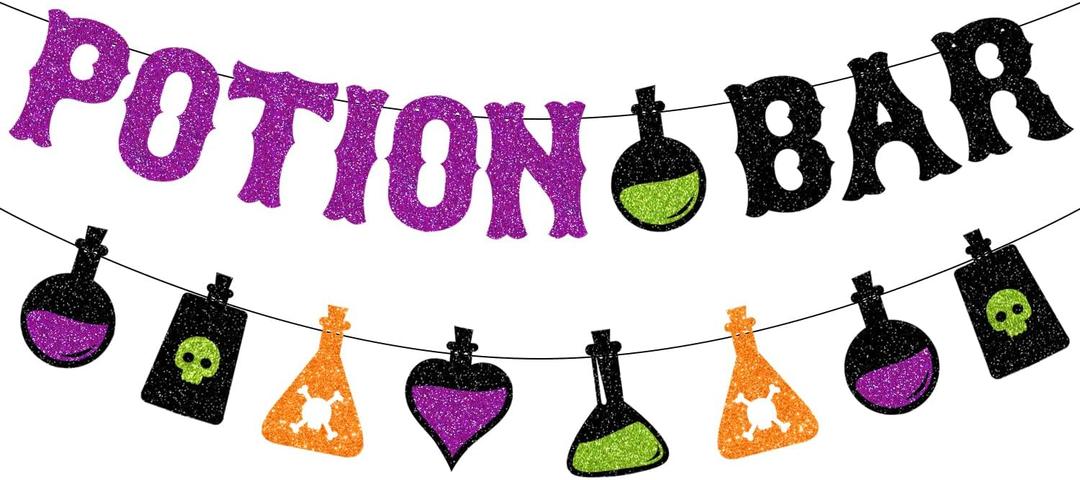 JOZON Glittery Potion Bar Banner with Potion Signs Halloween Hocus Pocus Witches Garland Banner Halloween Holiday Haunted House Party Decorations for Bar Mantle Fireplace Wall Party Supplies
