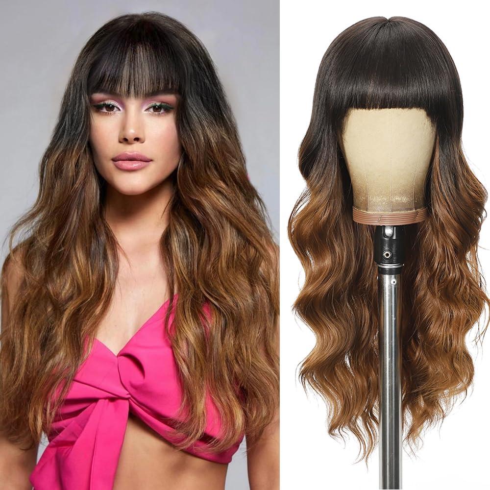 Black To Brown Wigs with Bangs Long curly wavy Wig for Women Natural Synthetic Wigs for Daily Party Use 26IN(Black To Brown) (R2/30)